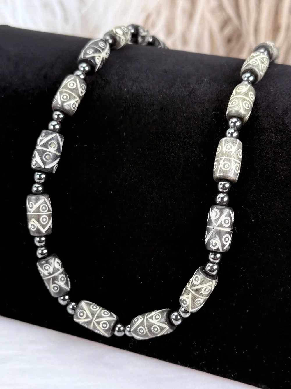 Bohemian chic Black Carved Beaded Necklace